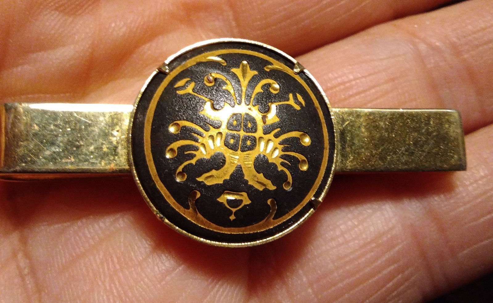 Damascene Tie Clip Vtg Shiny Gold tone Dbl Headed Eagle Crown Crest Men Dress 2″
