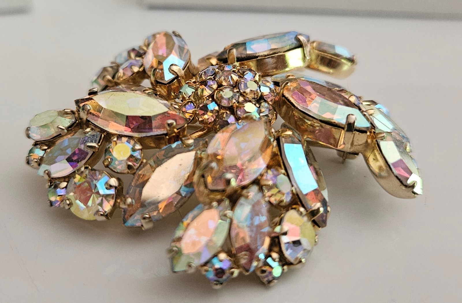 Sherman Aurora Borealis crystal 2″ Brooch signed vintage