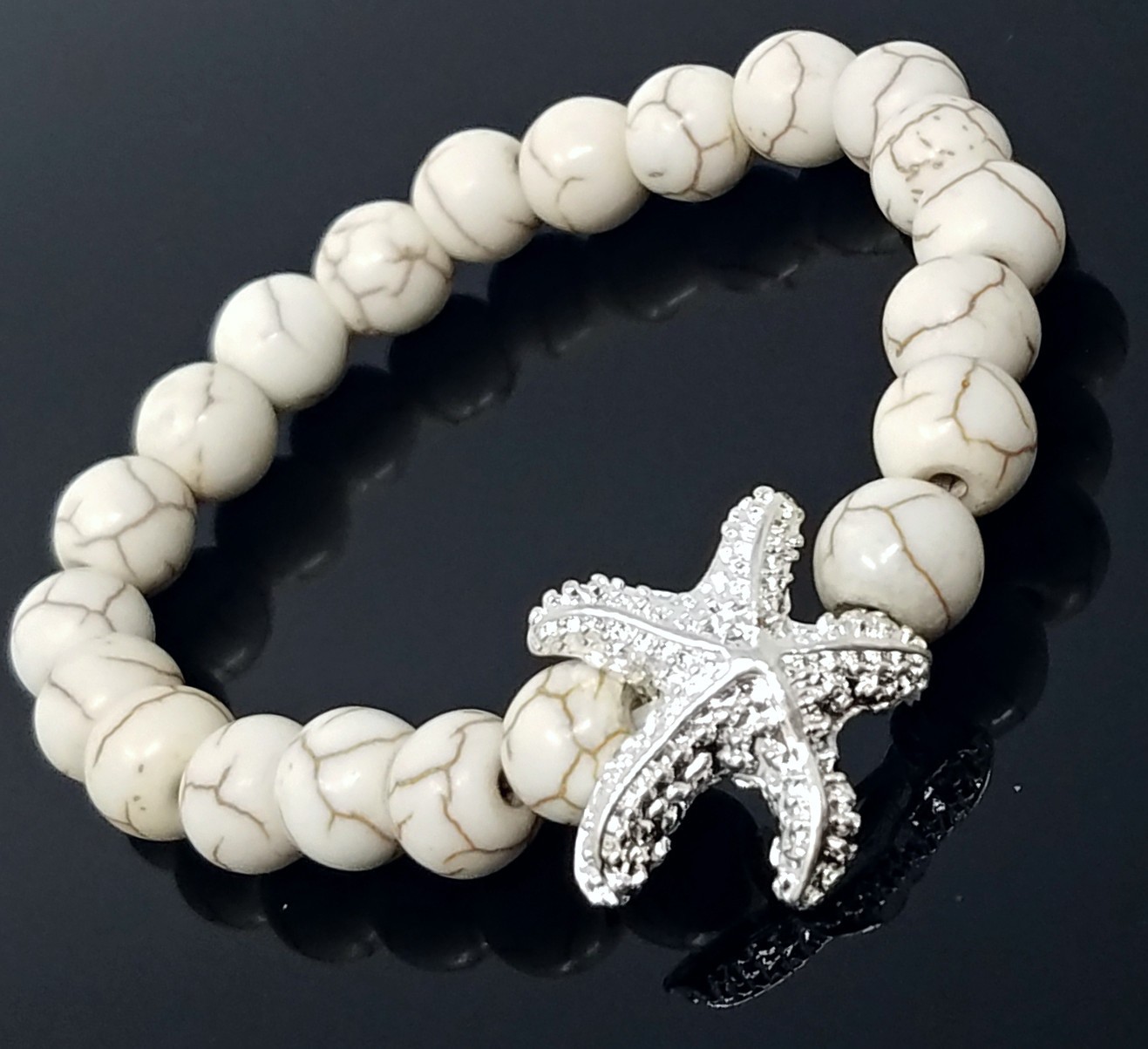 Starfish Bracelet Sea Star Bracelet White Beige Beads Stretch Bracelet Beaded