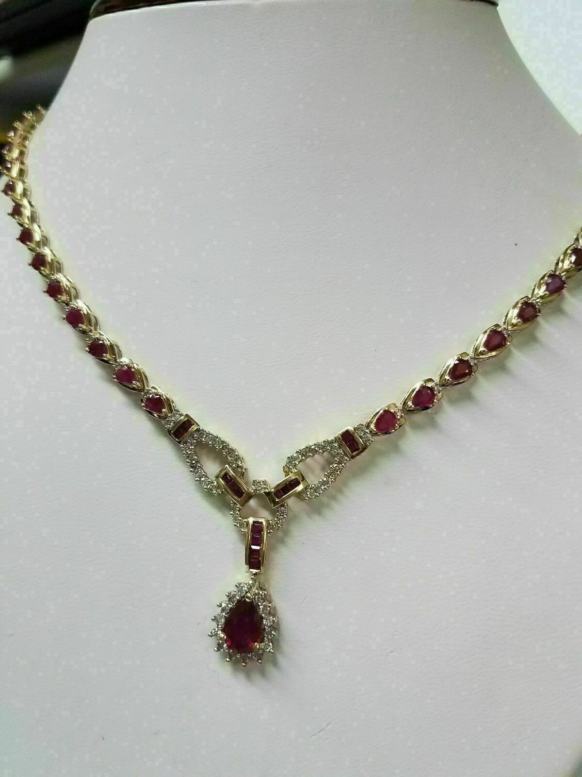 20.00CT Pear Cut Ruby & Diamond Fancy Collar Necklace 14kt Yellow Gold Over