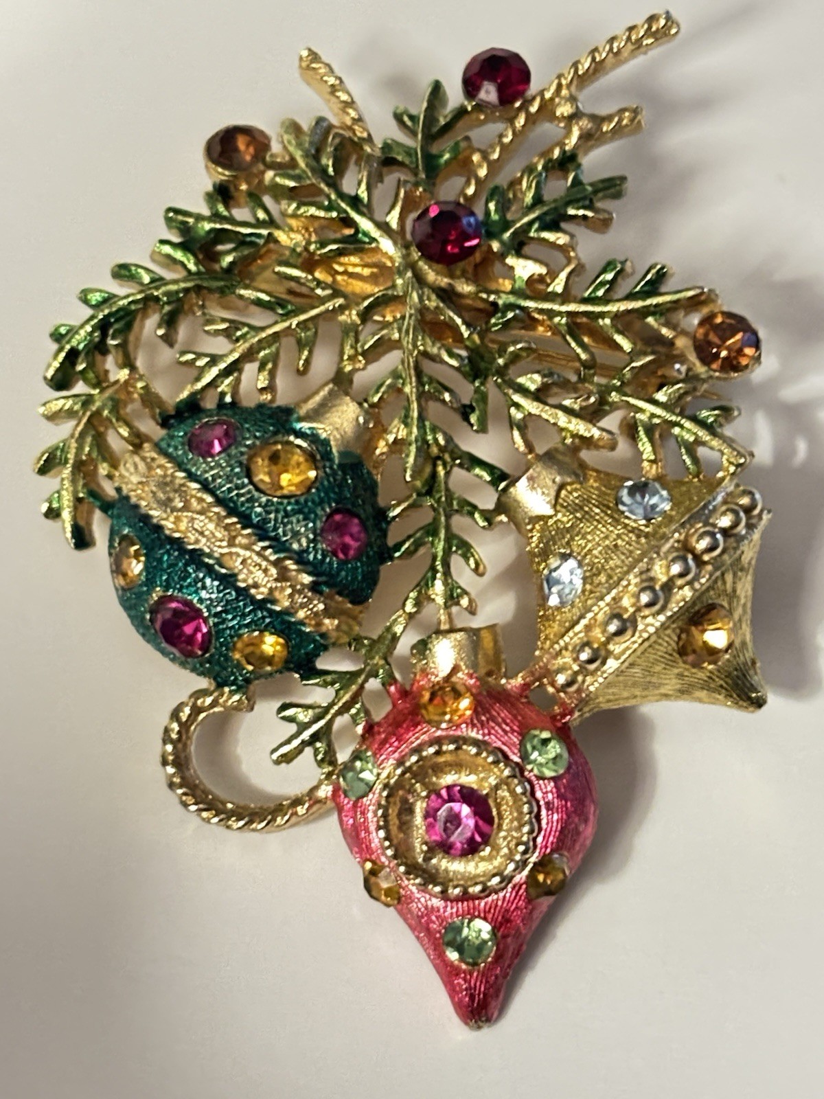 Vintage Christmas Ornament Brooch Rhinestone Enamel Holiday Tree Branch Pin 2”