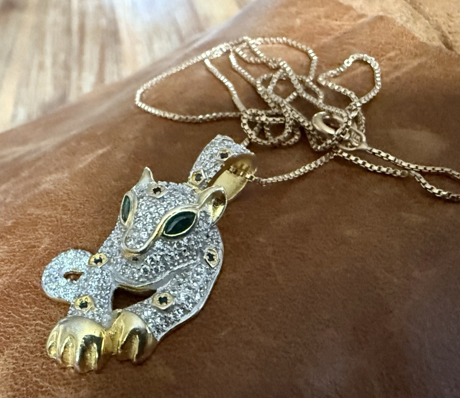 Cute Fuzion Creations Emerald Eyes Jaguar Pendant Gold Vermeil 925 Necklace 18″