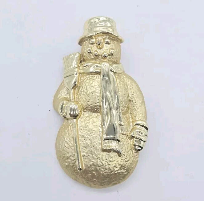 Snowman Brooch Christmas Pin GOLD tone textured 2.5 in signed A.J.C AJC