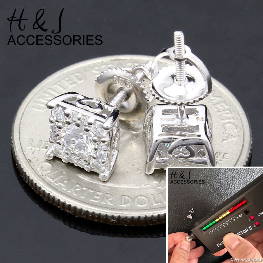 SOLID 925 STERLING SILVER ICY 1.25CT MOISSANITE 7MM 3D SQUARE STUD EARRING*ME292