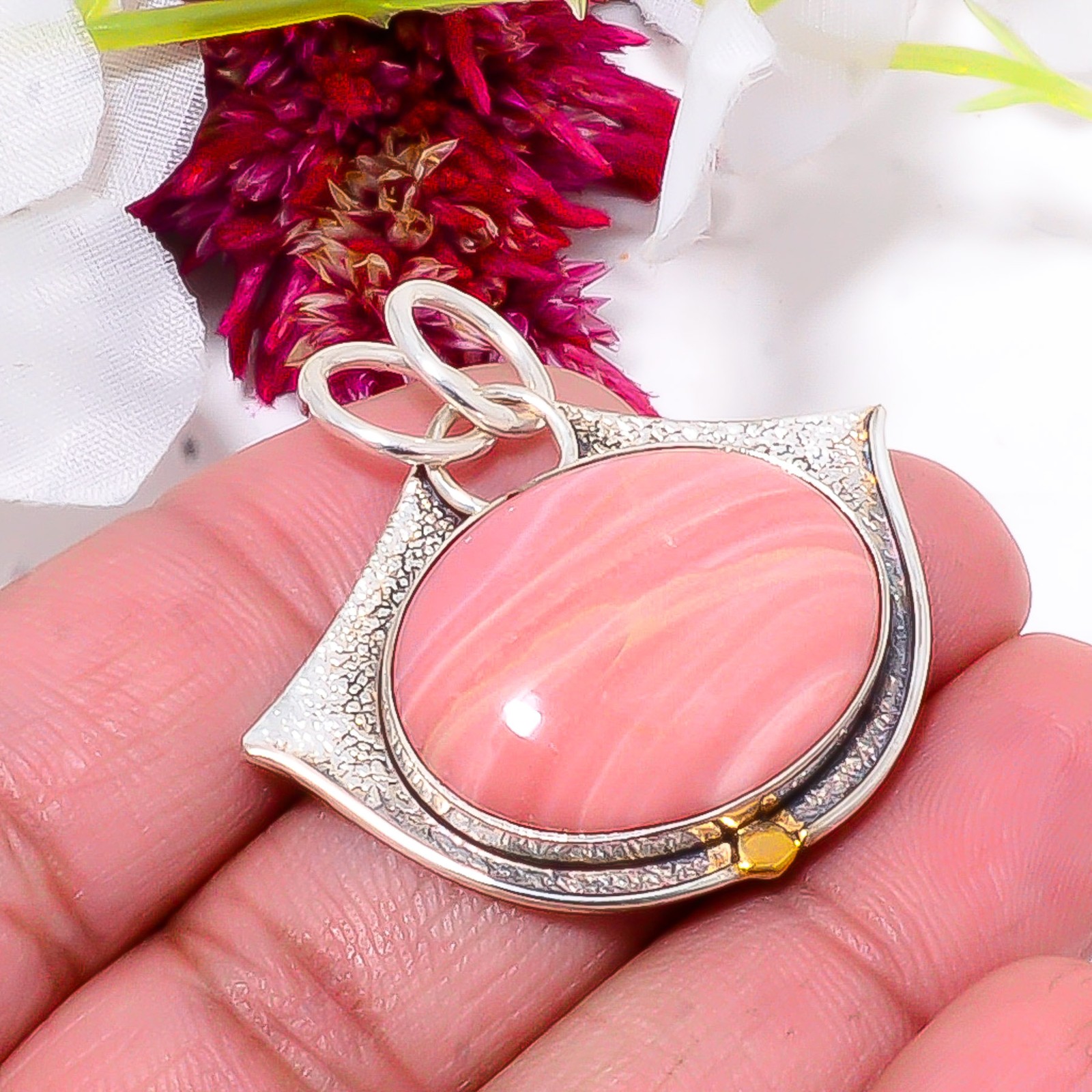 Pink Opal – Australia 925 Sterling Silver Two Tone Designer Pendant 1.48″ Sku58