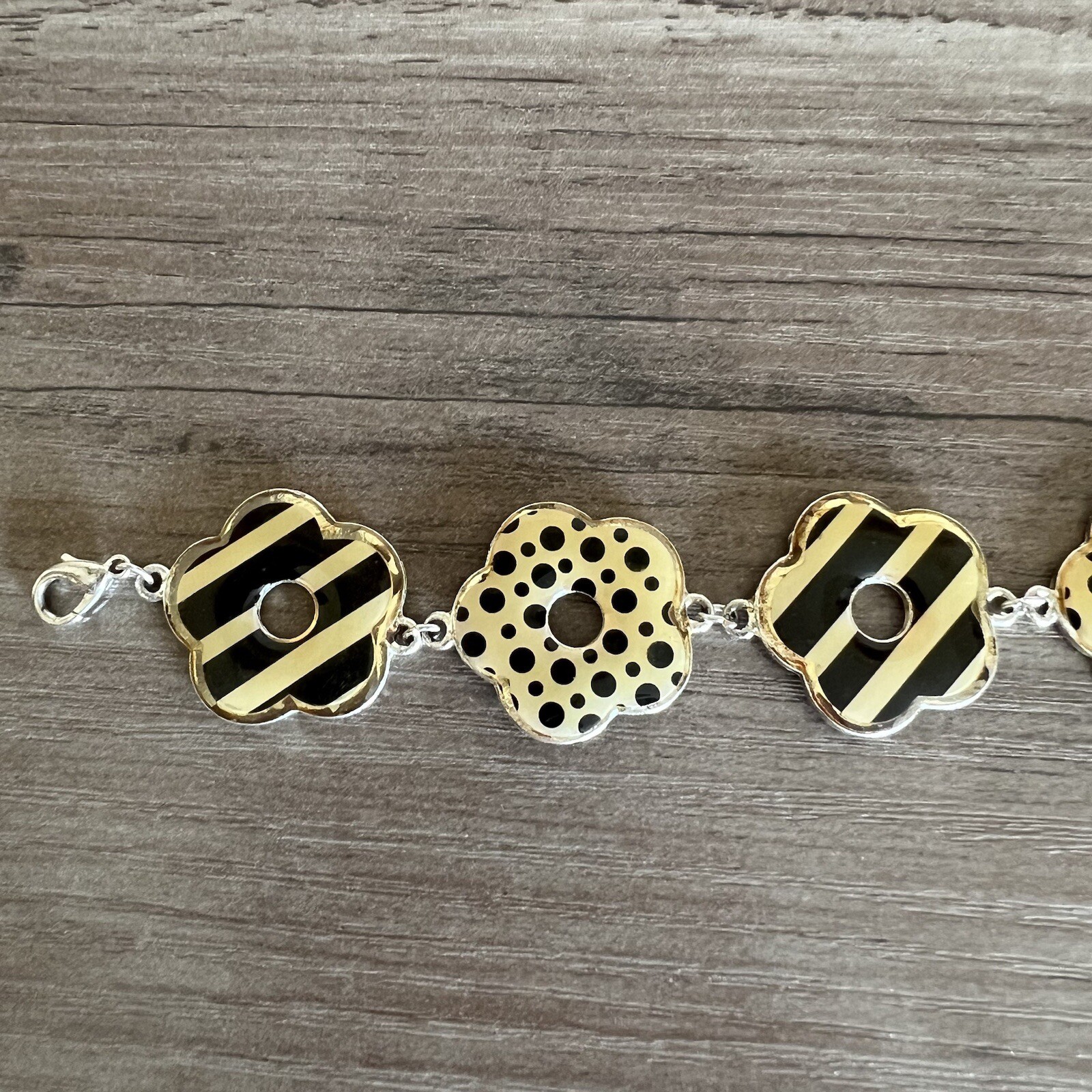 Vintage Retro Flower Bracelet Metal Black Cream Yellow Adjustable Y2K Costume