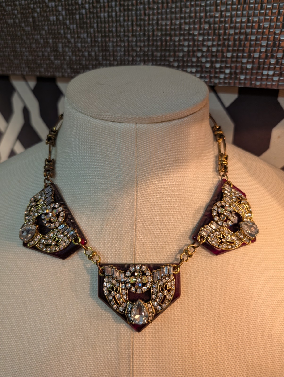 Stunning Necklace With 3 Dark Amber Pendants W/Large Sparkling Rhinestones