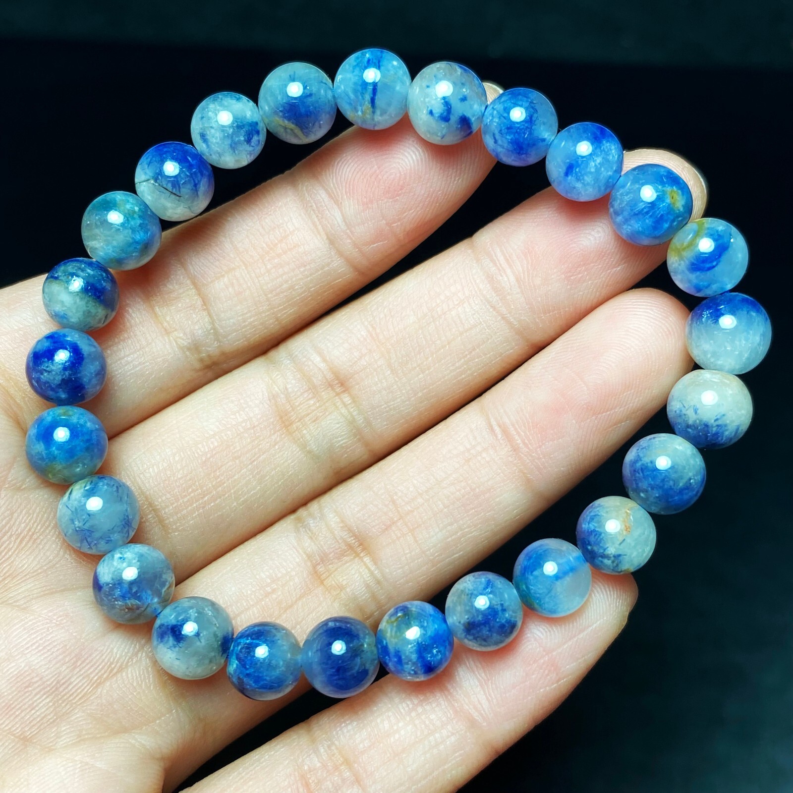 7.6mm Natural Blue Dumortierite Quartz Stretch Crystal Beads Bracelet 1072