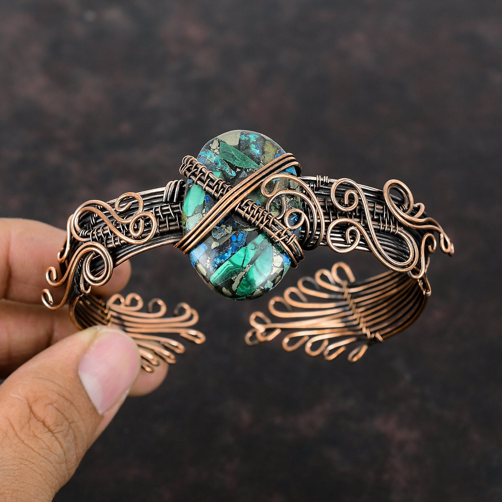 Azurite Malachite Copper Gift For Briedsmaid Wire Wrapped Adjustable Cuff