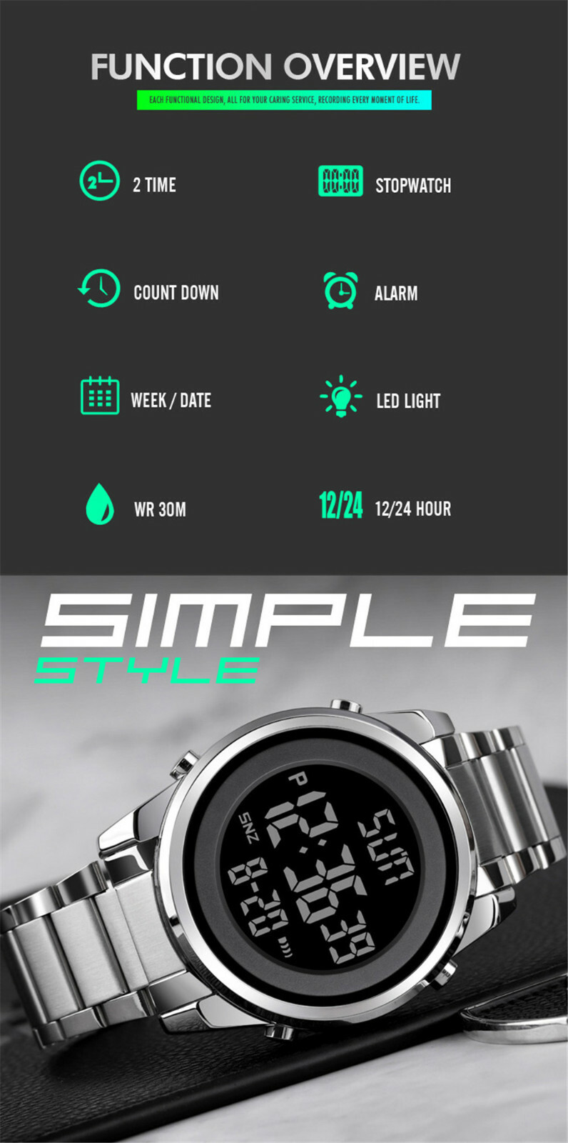 SKMEI Digital Men Watches Steel LED Wristwatch Male Electronic Alarm Watch Gifts