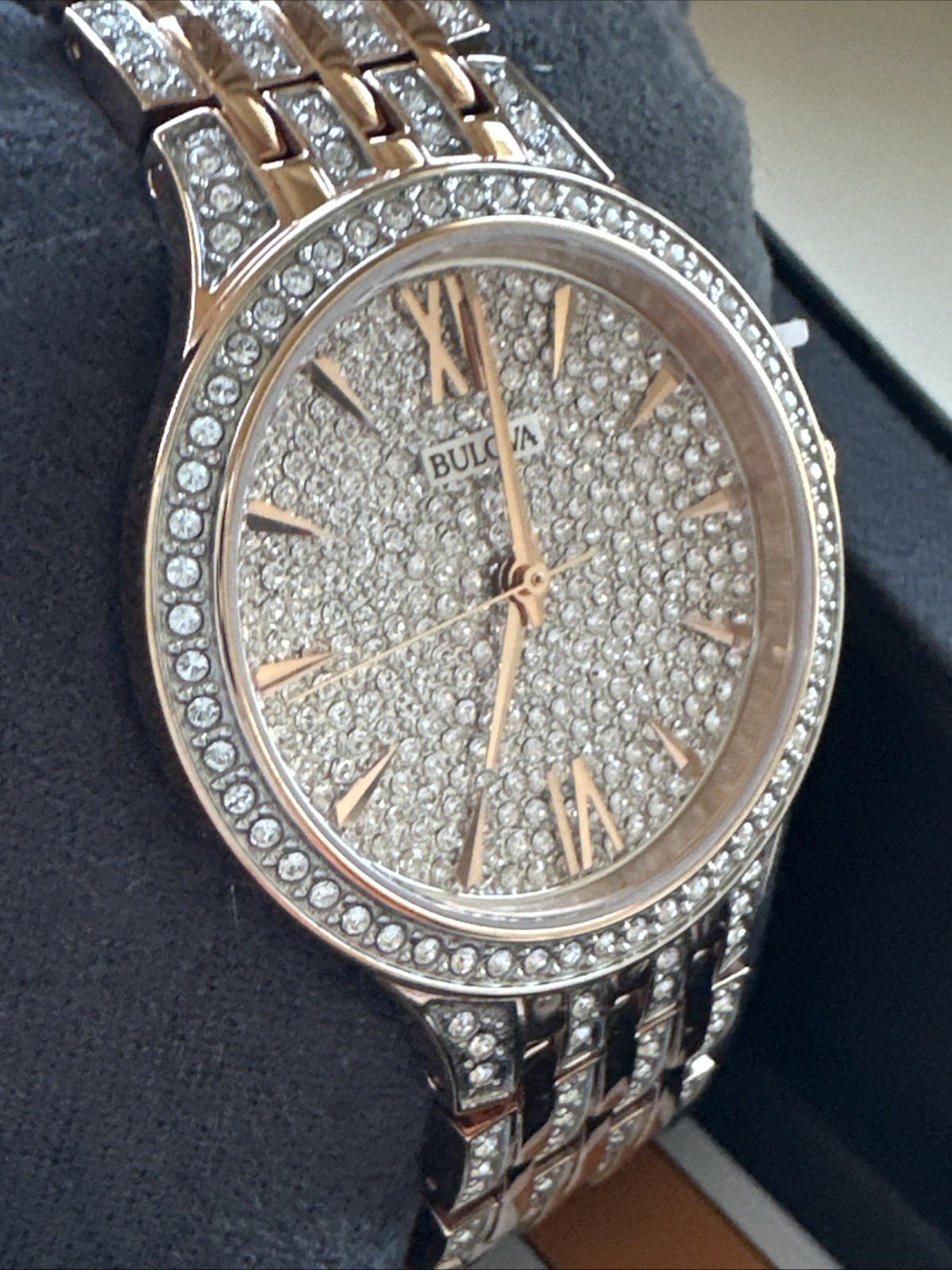 Bulova Quartz Women’s Pave Dial Crystals Rose Gold Watch 32mm 98L235