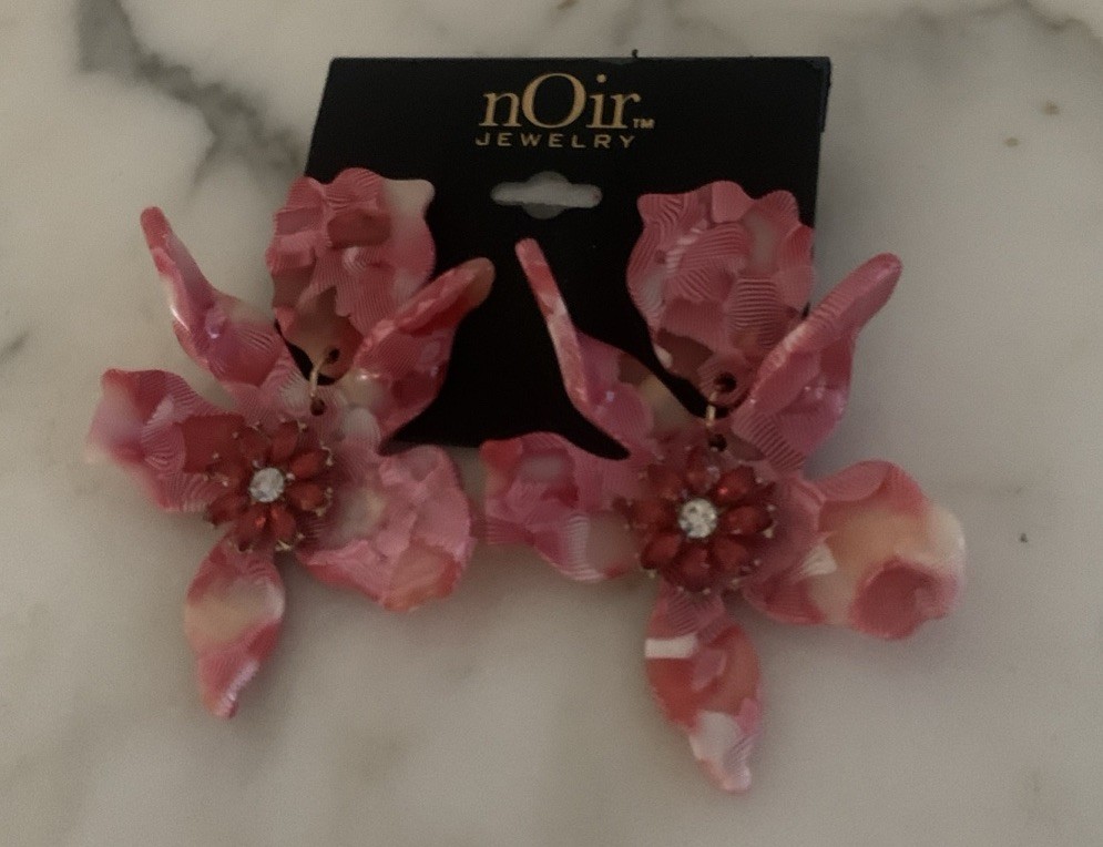 Noir Rhinestone Red Flower Earrings New