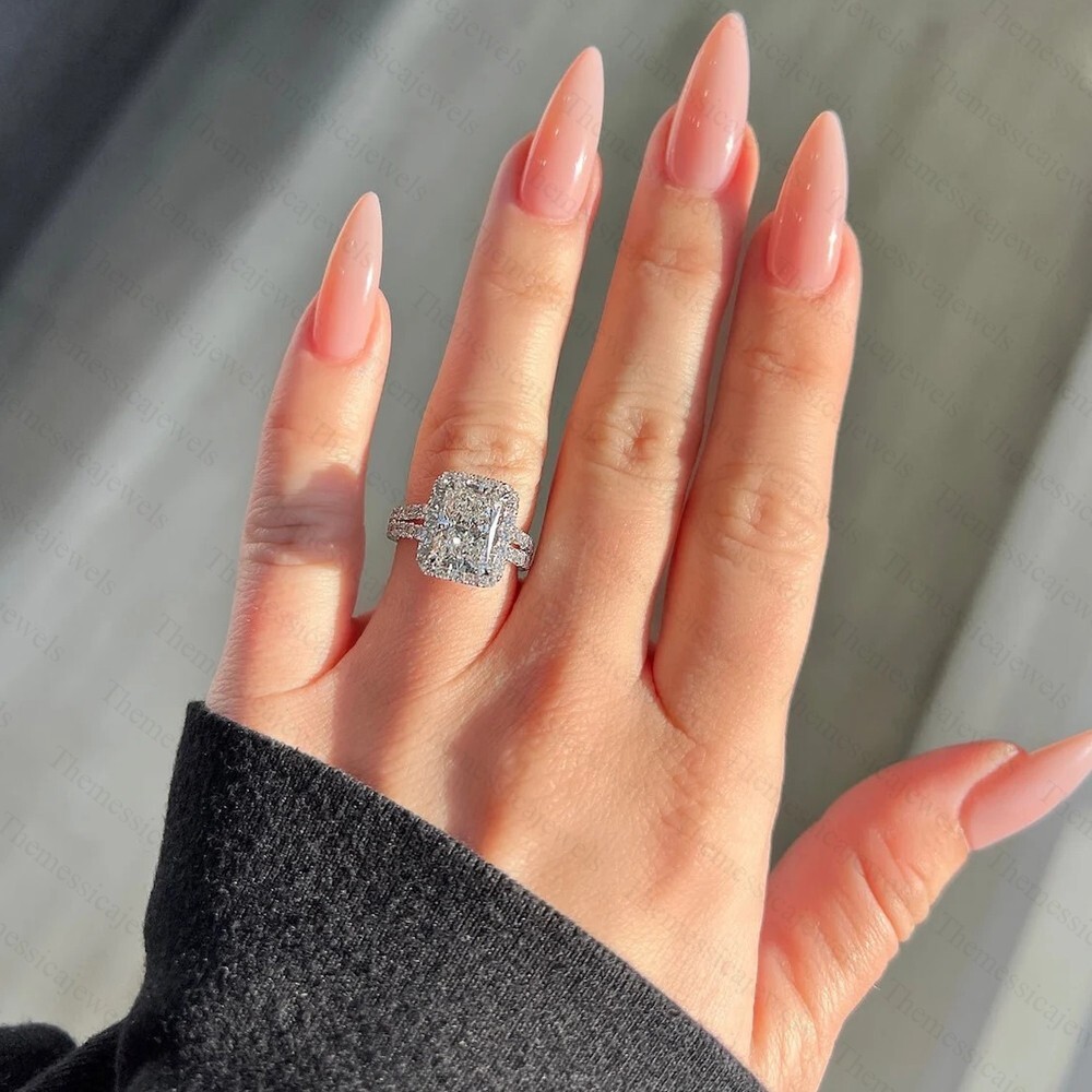 2.28 TCW Radiant Cut Moissanite Halo Engagement Ring In 14k White Gold Plated
