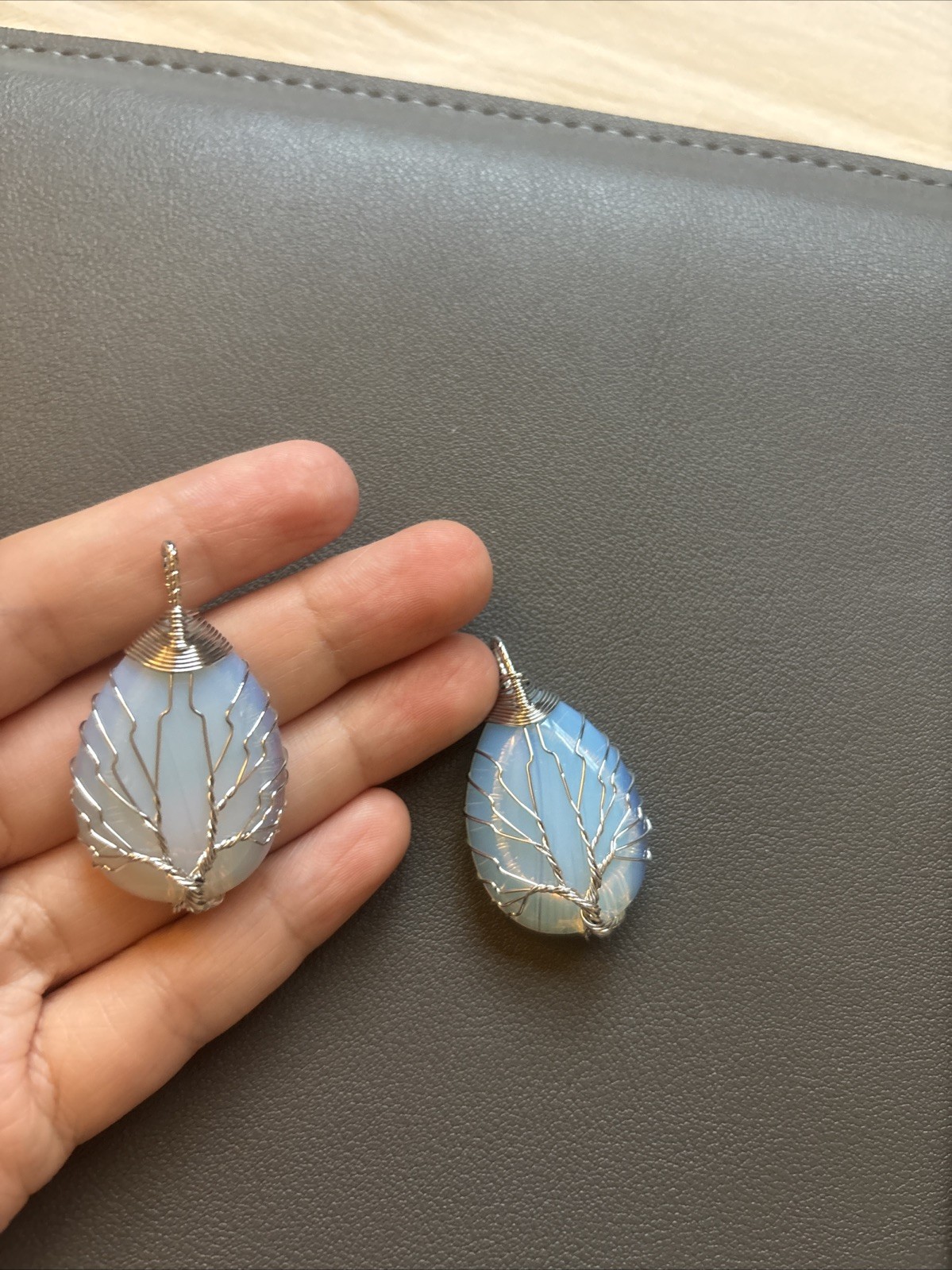 Two Silver Metal Wrapped Blue Stone Pendant tree of life wire wrapped opal like