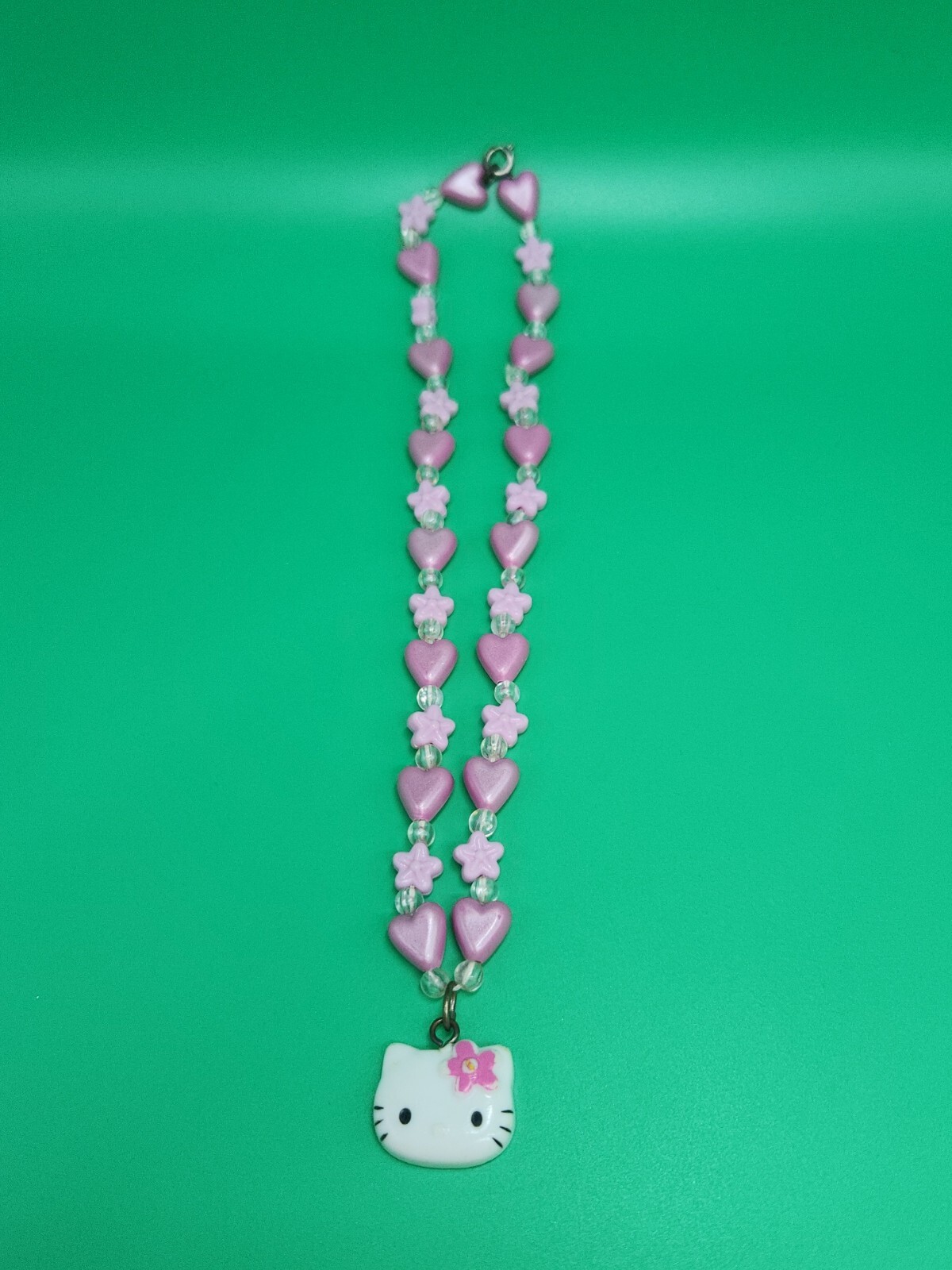 SANRIO Hello Kitty Necklace Bead Plastic Metal Pink Heart Flower Vintage Charm