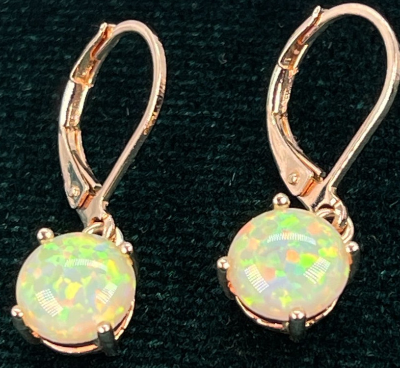 Earrings. Rose Gold Tone White Multicolor Reflective Opal Leverback w/1″ Drop