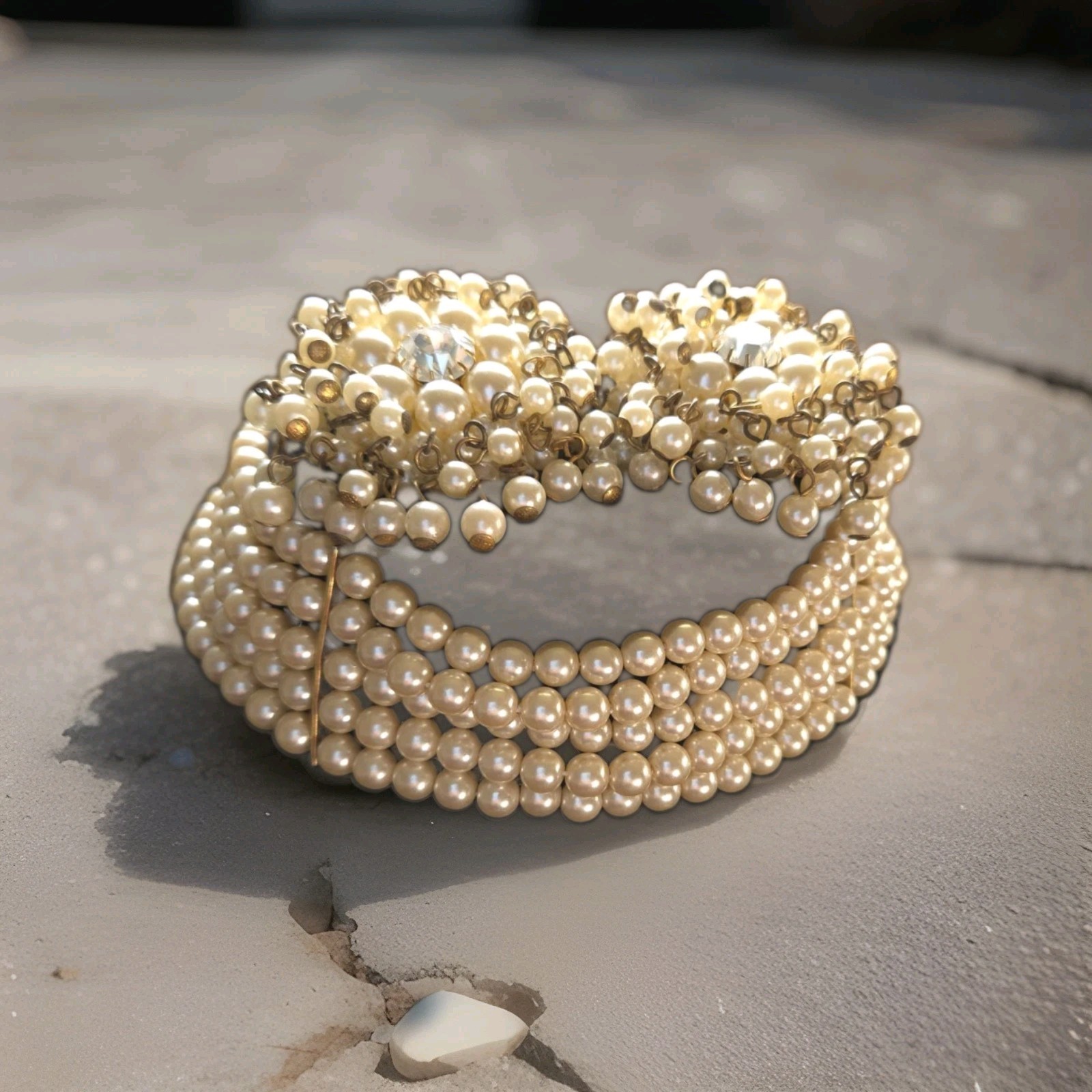 Vtg 1950s 5-Strand Faux Pearl Choker Necklace Clip-On Earrings Set Mid Century