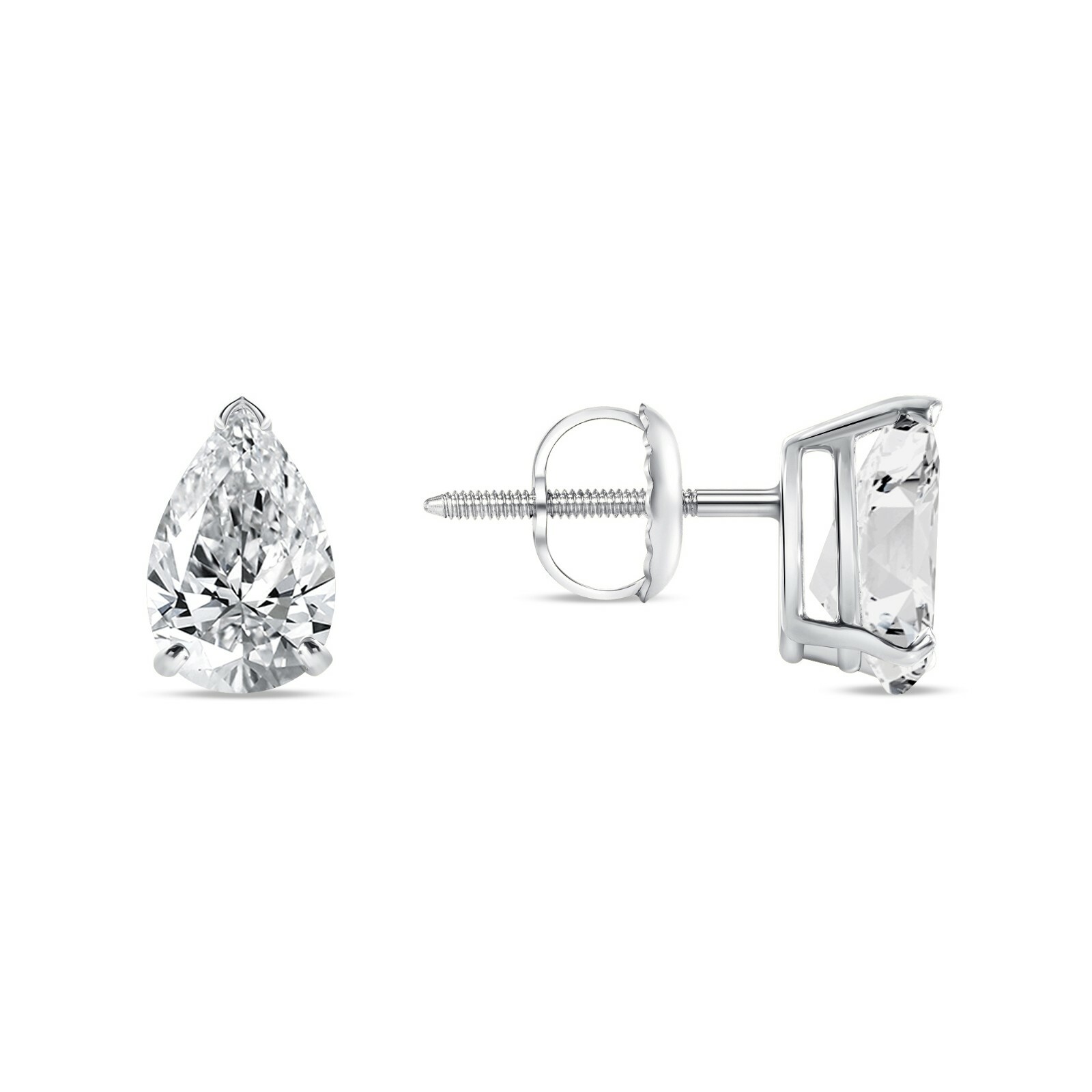 2 Ct Pear Teardrop Earrings Studs Created Diamond Solid 14K White Gold ScrewBack