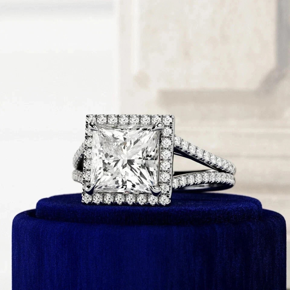 White Moissanite 3.20 Ct Princess Cut Bridle Wedding Ring 925 Sterling Silver