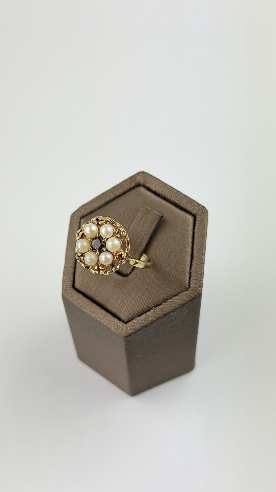 Pearl And Garnet 9ct Gold Ring , Vintage And Hallmarked Yellow Gold