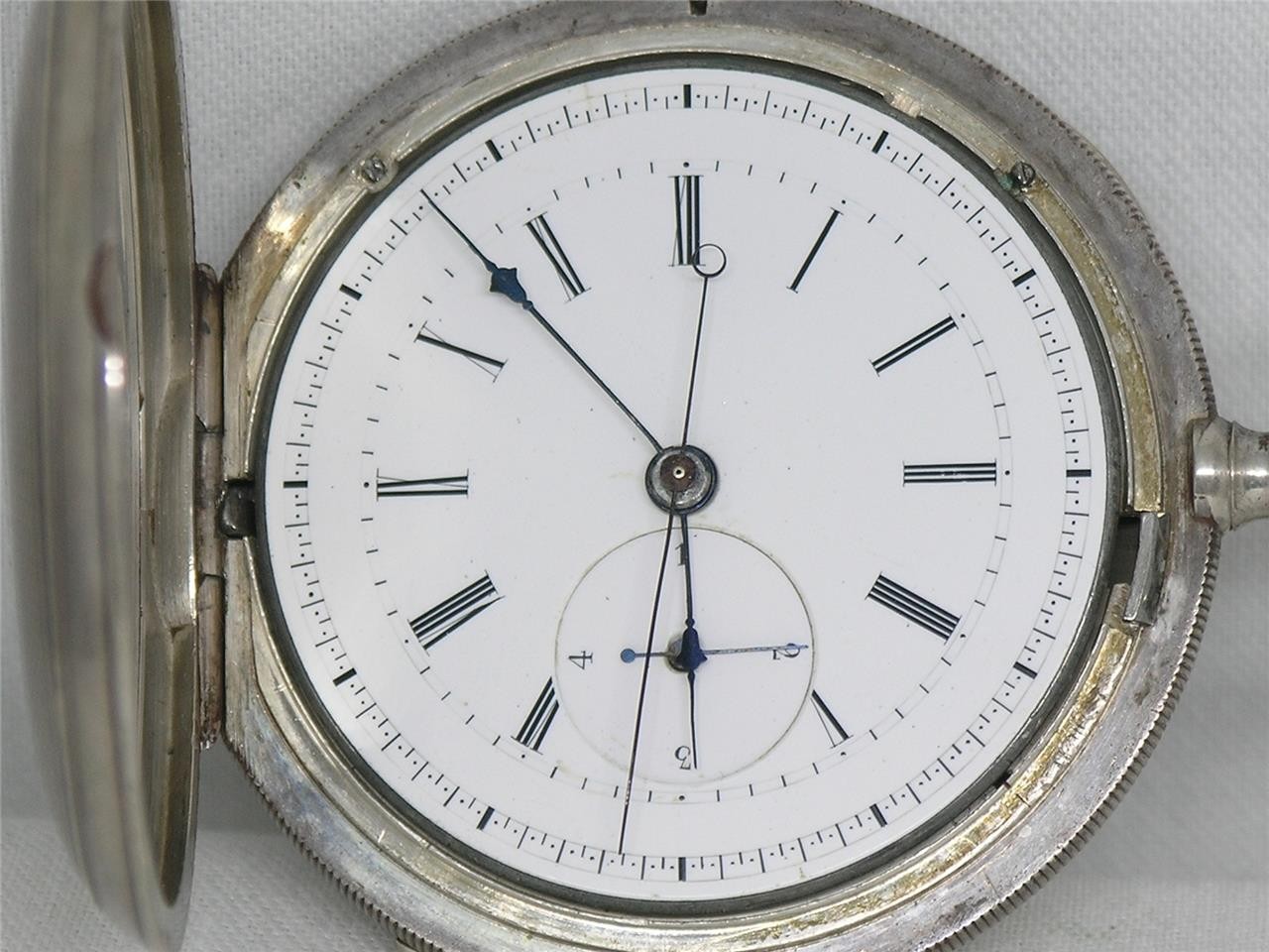 ANTIQUE 57MM HUGUENIN 1/4 JUMP SECONDS POCKETWATCH, ORIGINAL CASE, RUNNING!