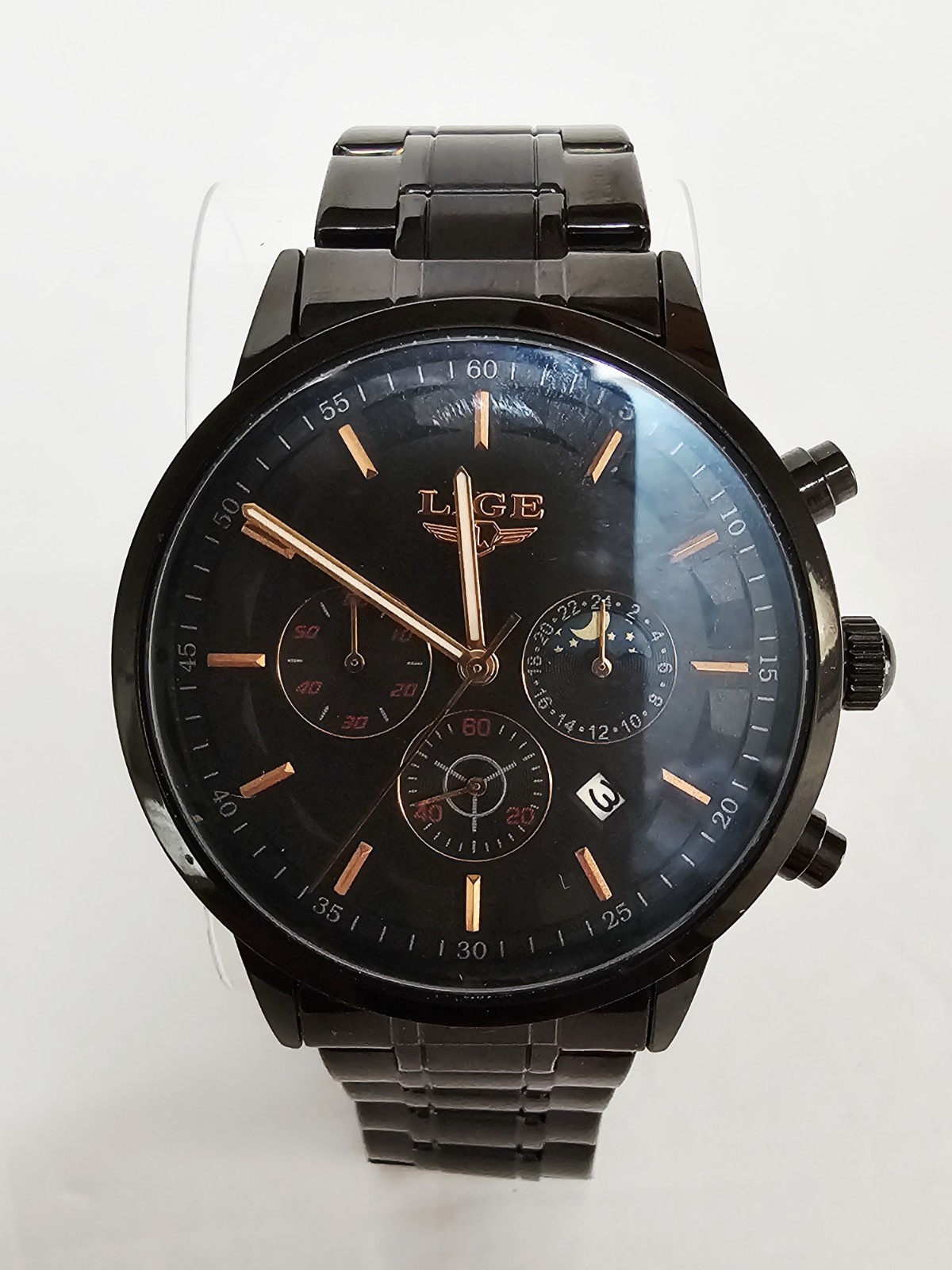New LIGE Dream Moon Phase Central Second Round Black Case Watch 45mm New Battery