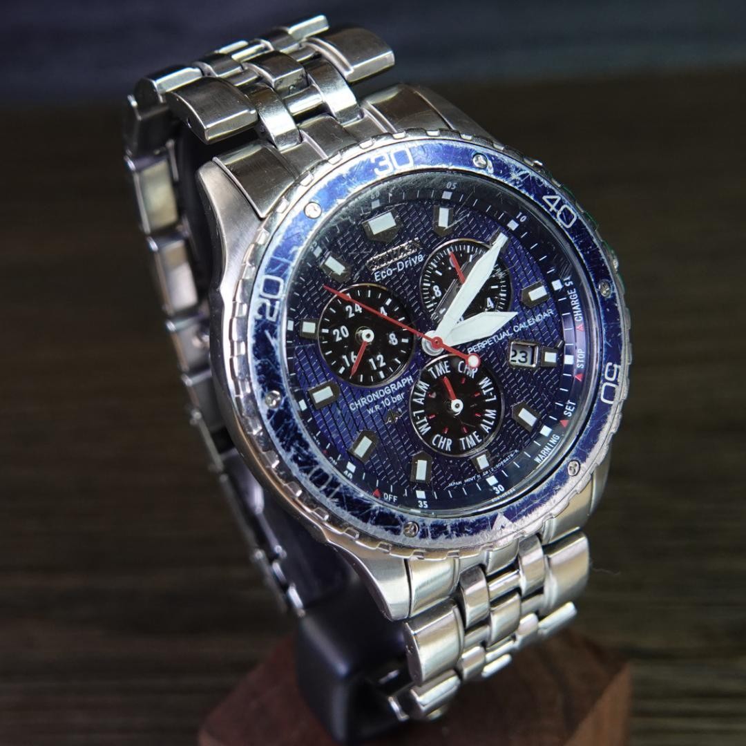 CITIZEN Promaster E812 Eco-Drive Perpetual Chronograph Watch Working Used Japan