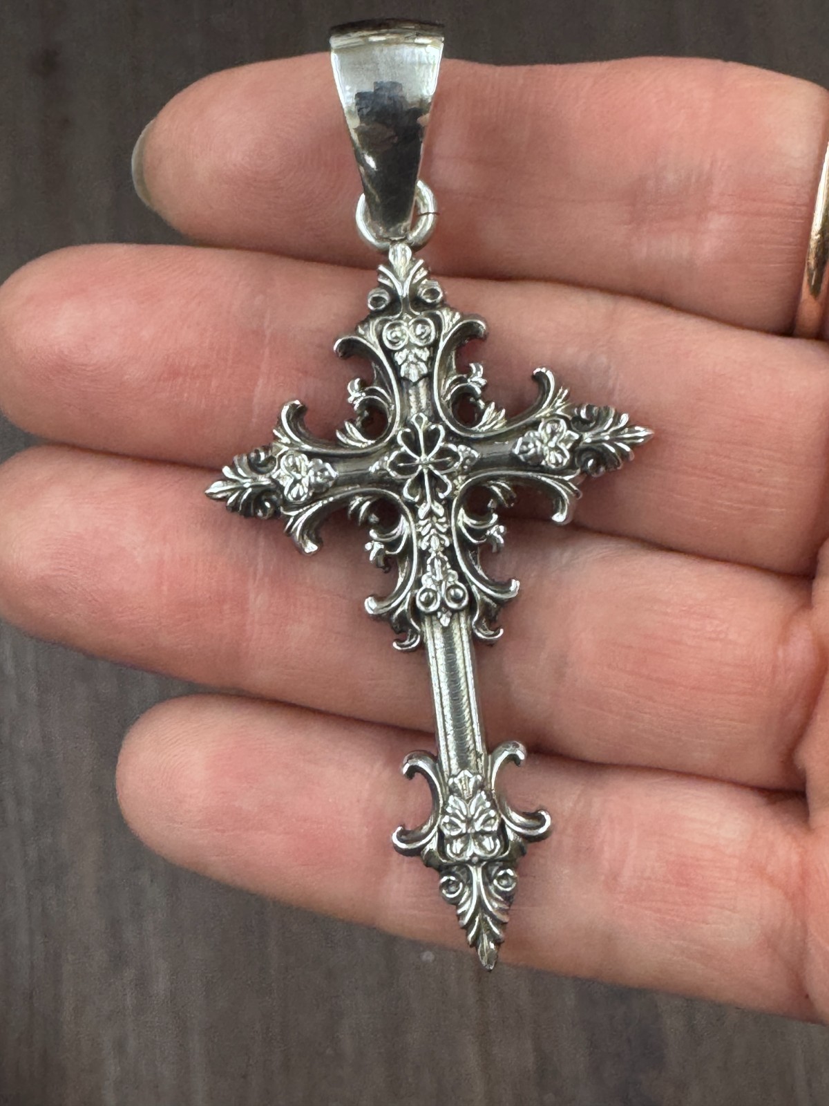 Oxidized Gothic Cross Charm Pendant 2.5″ Polished Solid Sterling Silver .925