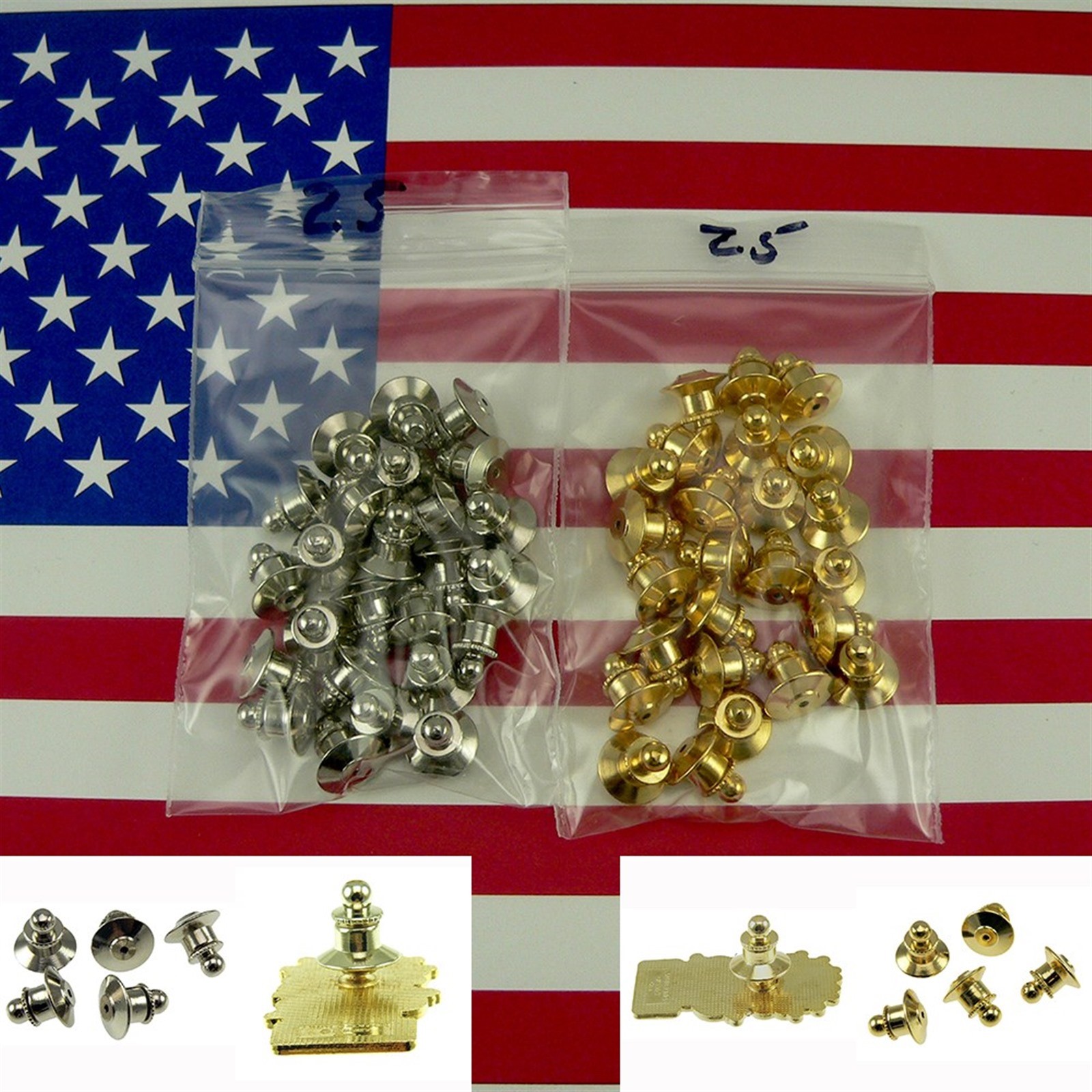 25 Locking Ball Top Tie Tac Pin Backs Clutch Clasp Fastener Gold or Chrome HRC
