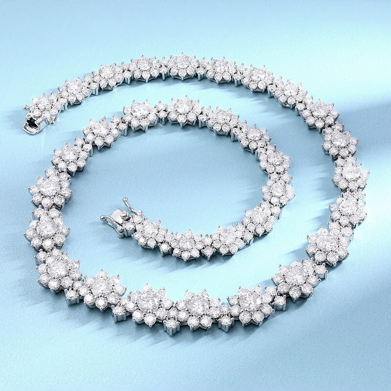 Round Moissanite Flower Tennis Chain Women Wedding Necklace 925 Sterling Silver