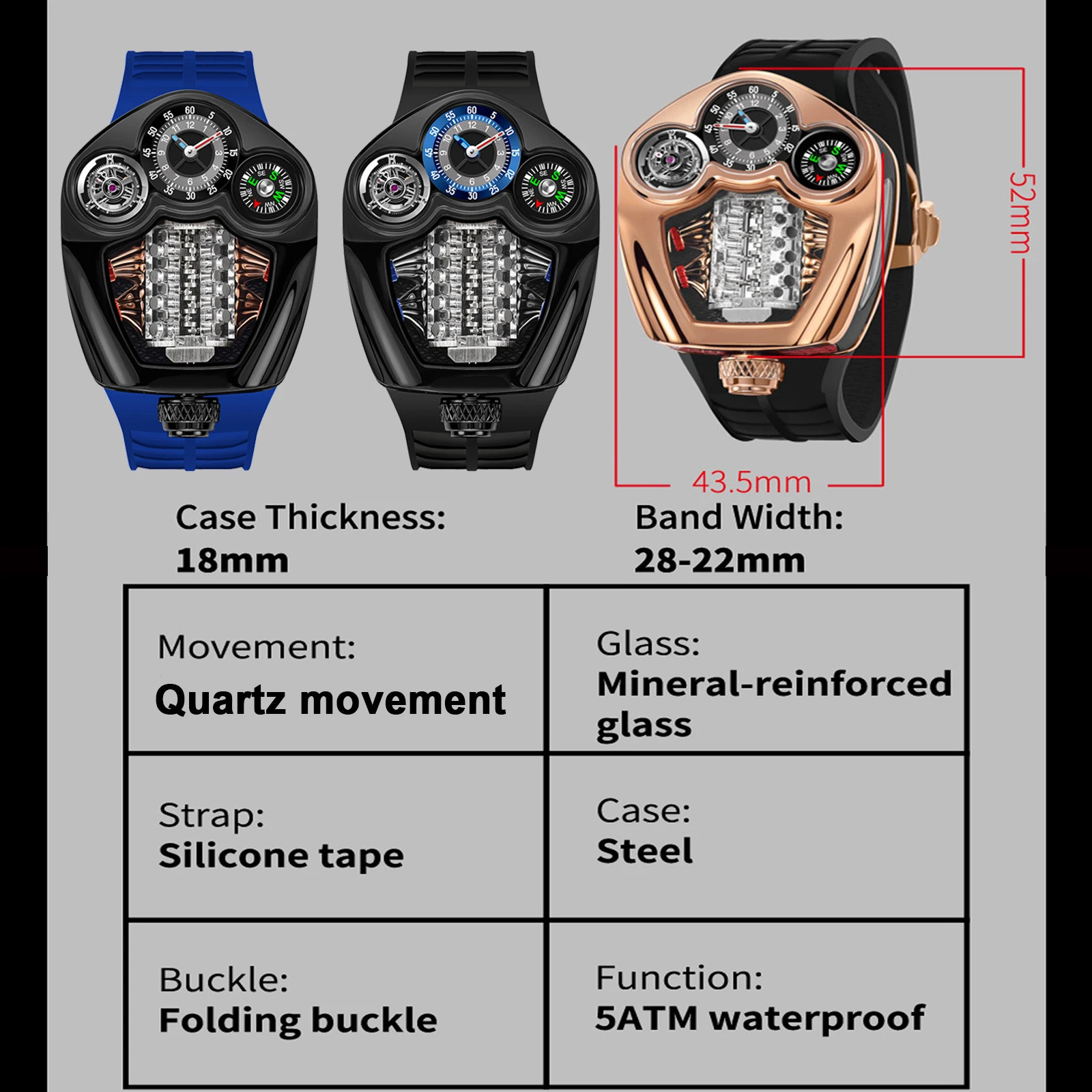 PINDU Engine Series Watch Men Compass Waterproof Swiss Quartz 762 Movement