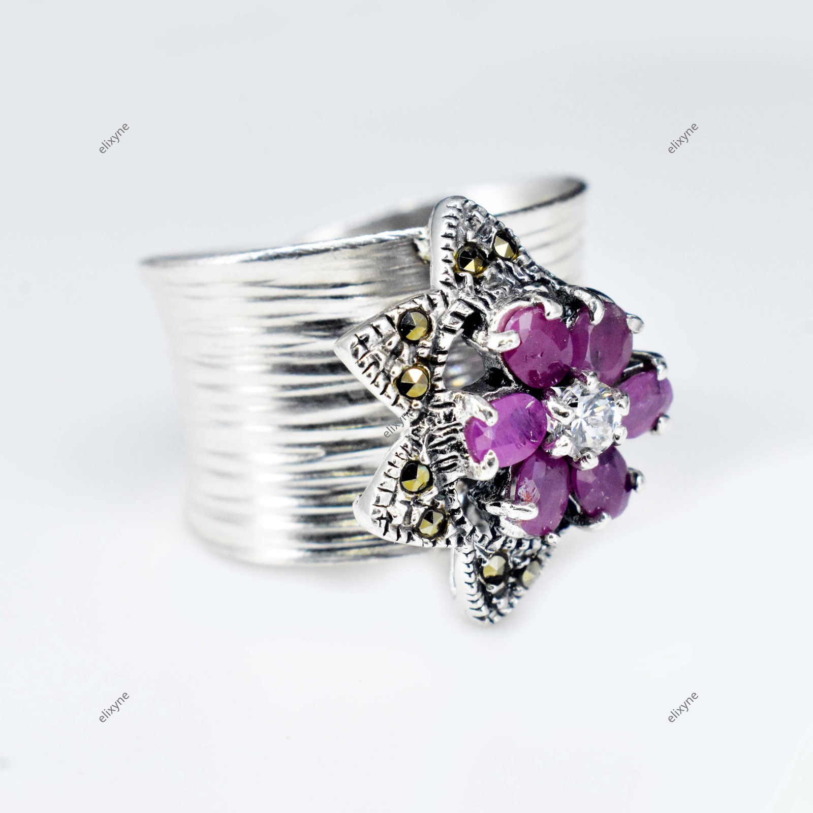 925 Sterling Silver Unheated Natural Ruby & Marcasite Adjustable Ring 7.69 GM