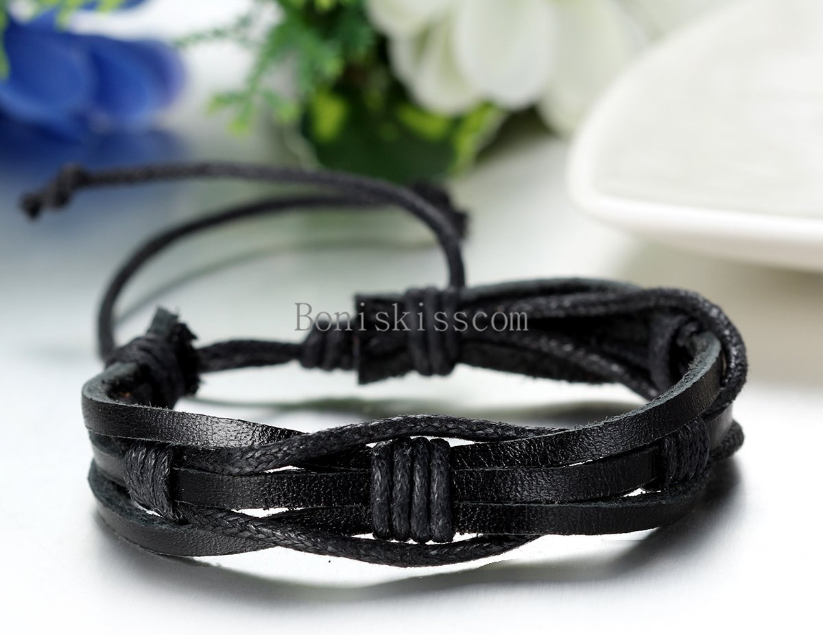 Punk Leather Wrap Braided Strap Cord Bangle Adjustable Bracelet Tribal Men Women