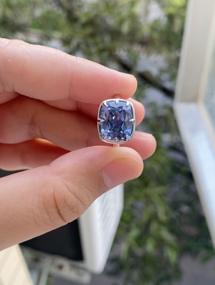 14K White Gold Bridal Ring, Blue sapphire Cushion Cut Diamond Ring in 4.00 Ct