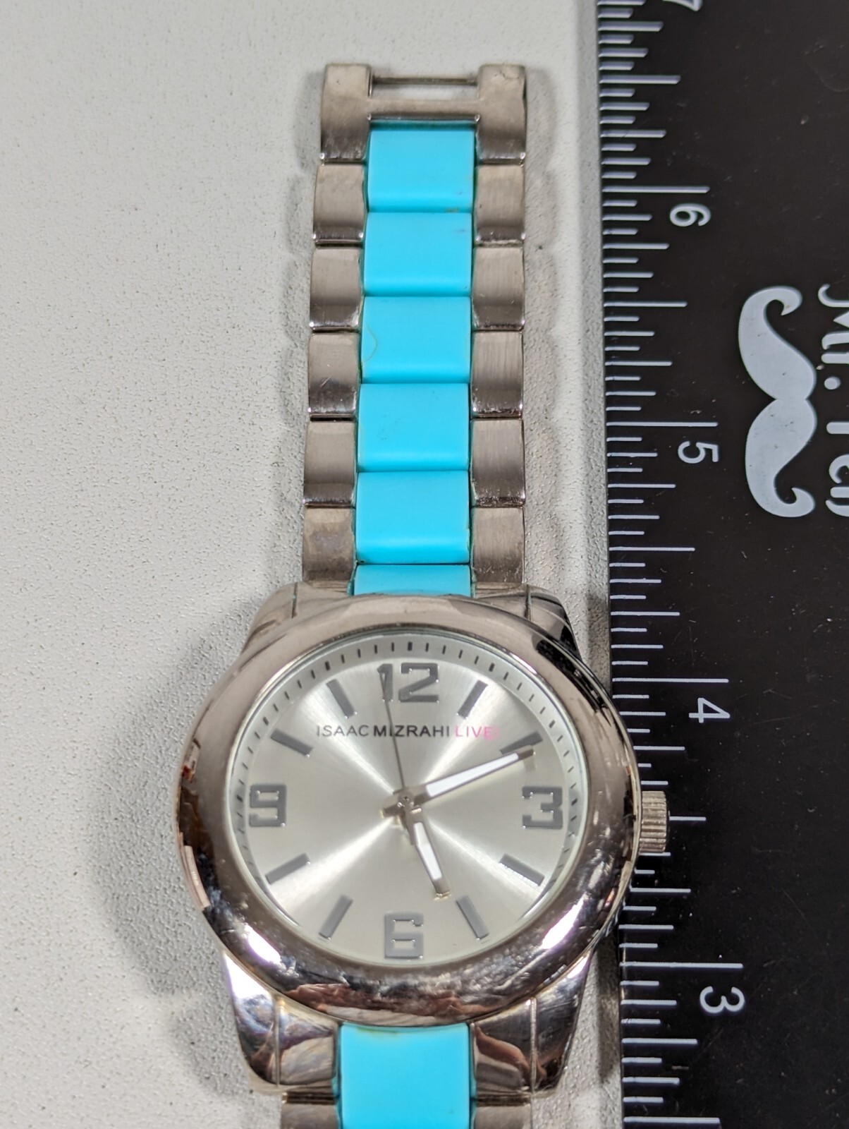 Isaac Mizrahi Live Silver Tone Dial Round Case Blue Link Bracelet Band Watch