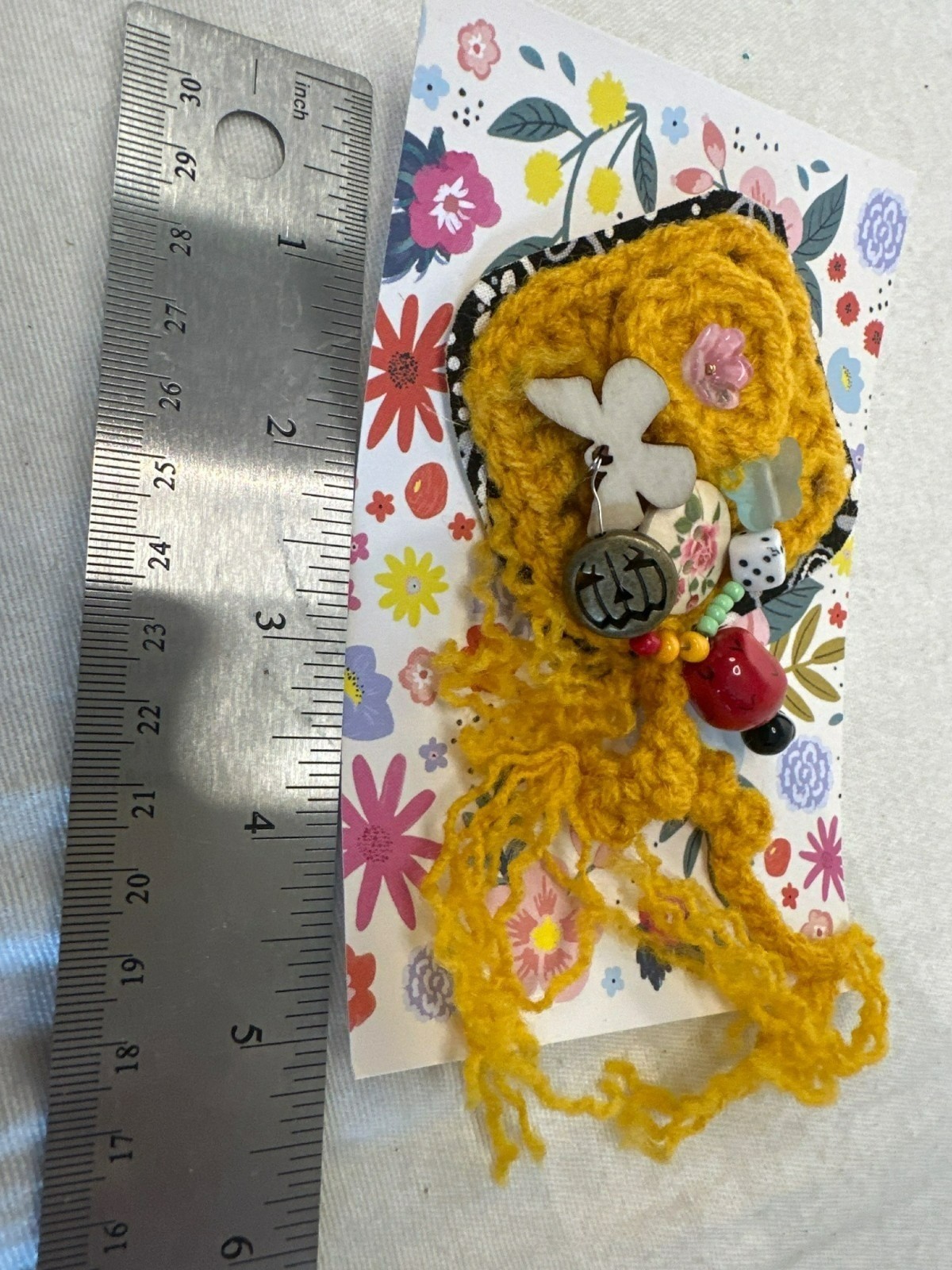 Handmade Brooch OOAK Yellow Crochet Embellished Charm Pin Shabby Chic 5″ Jumbo