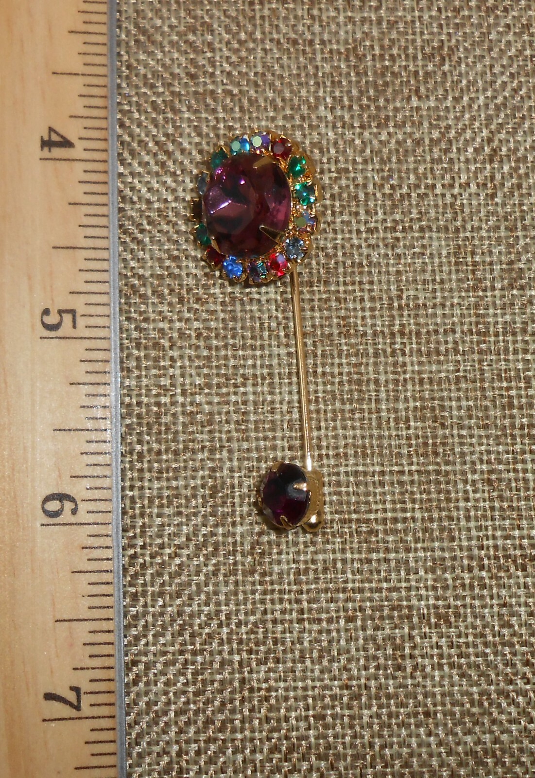 Vintage Amethyst Purple Glass & Multicolor Rhinestone Stickpin Gold-tone A705