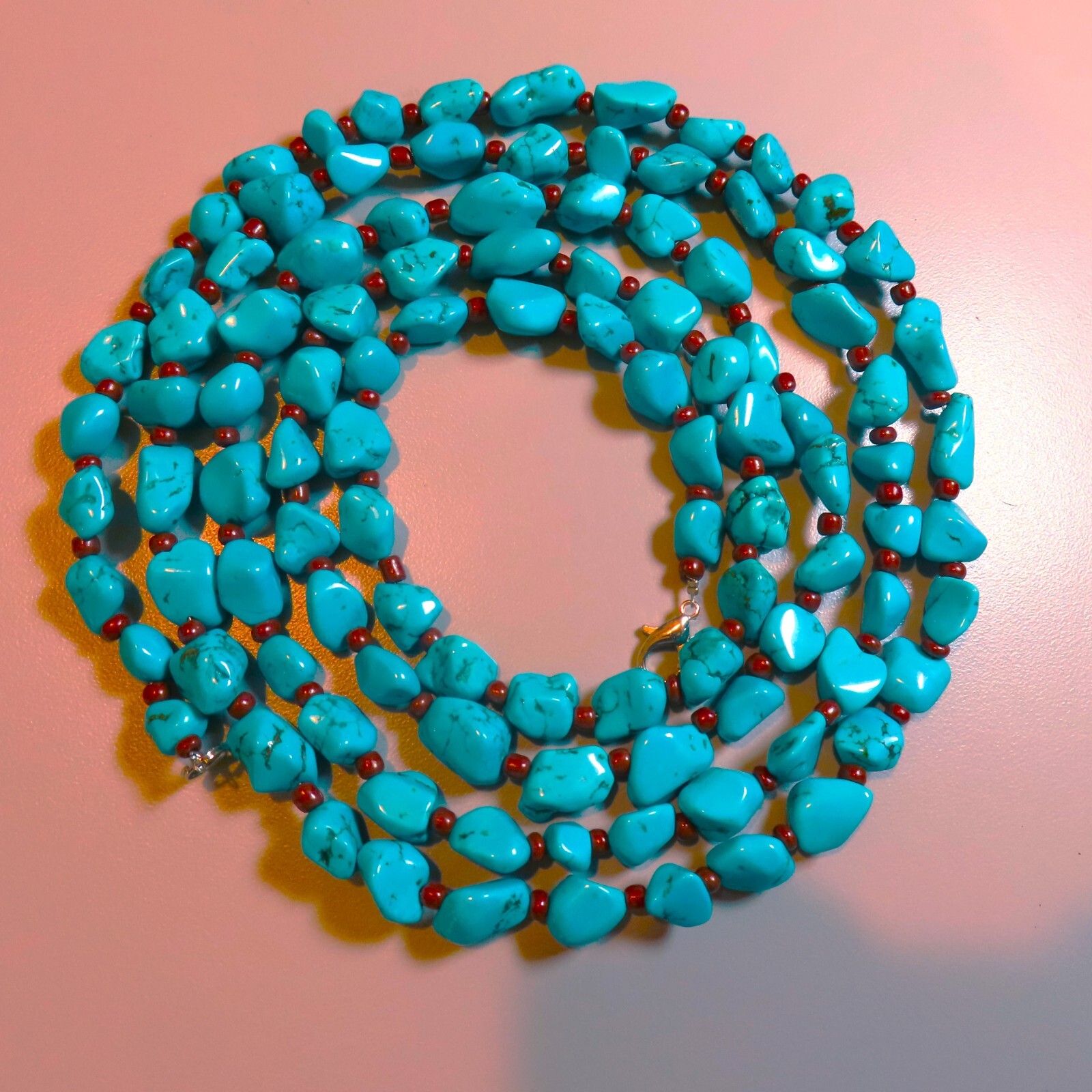 Chinese Turquoise Carved Nugget Shape Necklace 62 Inches Length