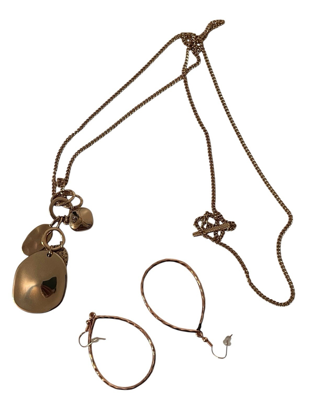 Rose Gold Layered Charm Necklace Teardrop Earrings Modern Minimalist Jewelry Set