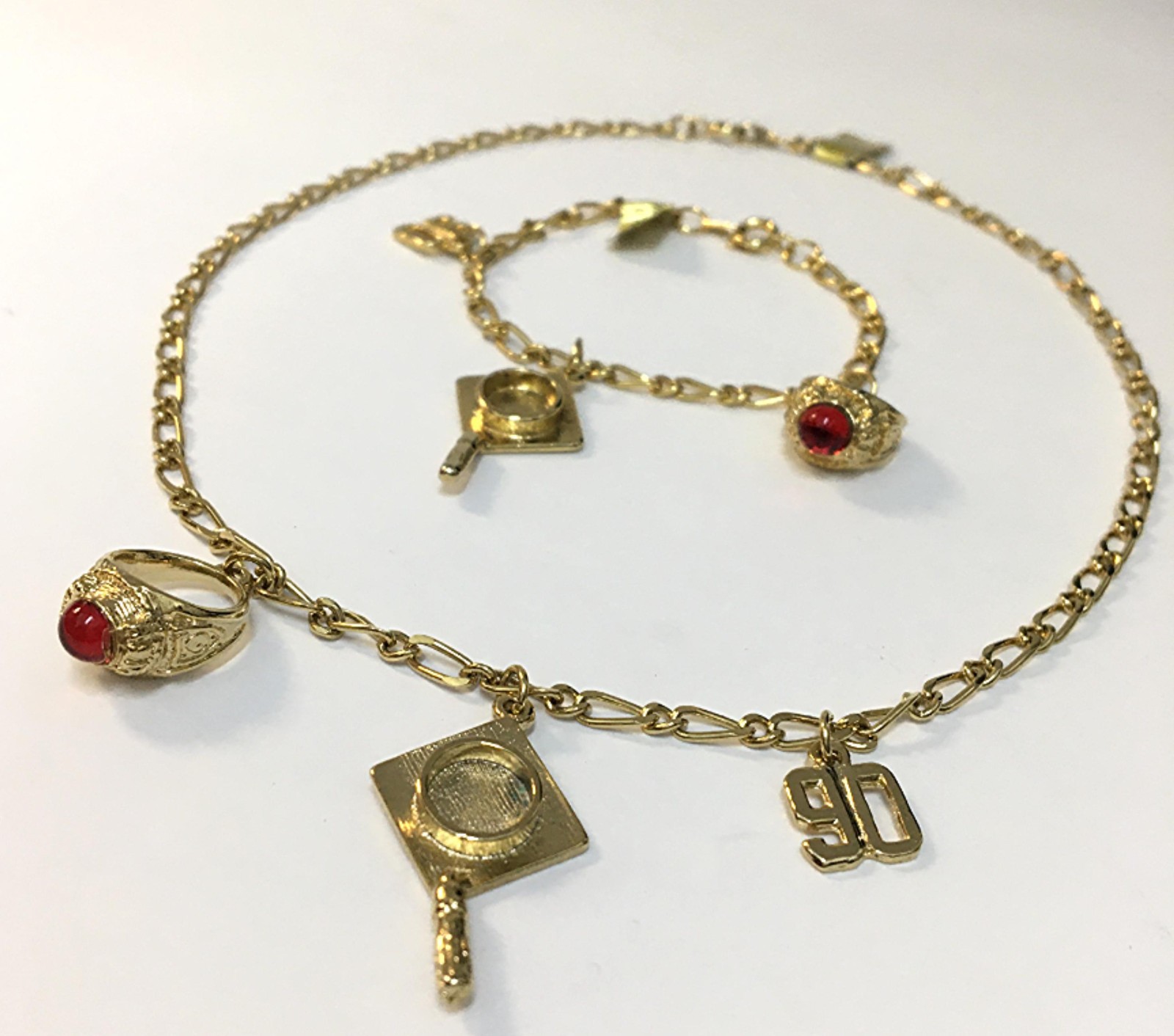 1990 Graduation Gold Plated Charm Necklace And Bracelet 2 Piece Set Vintage