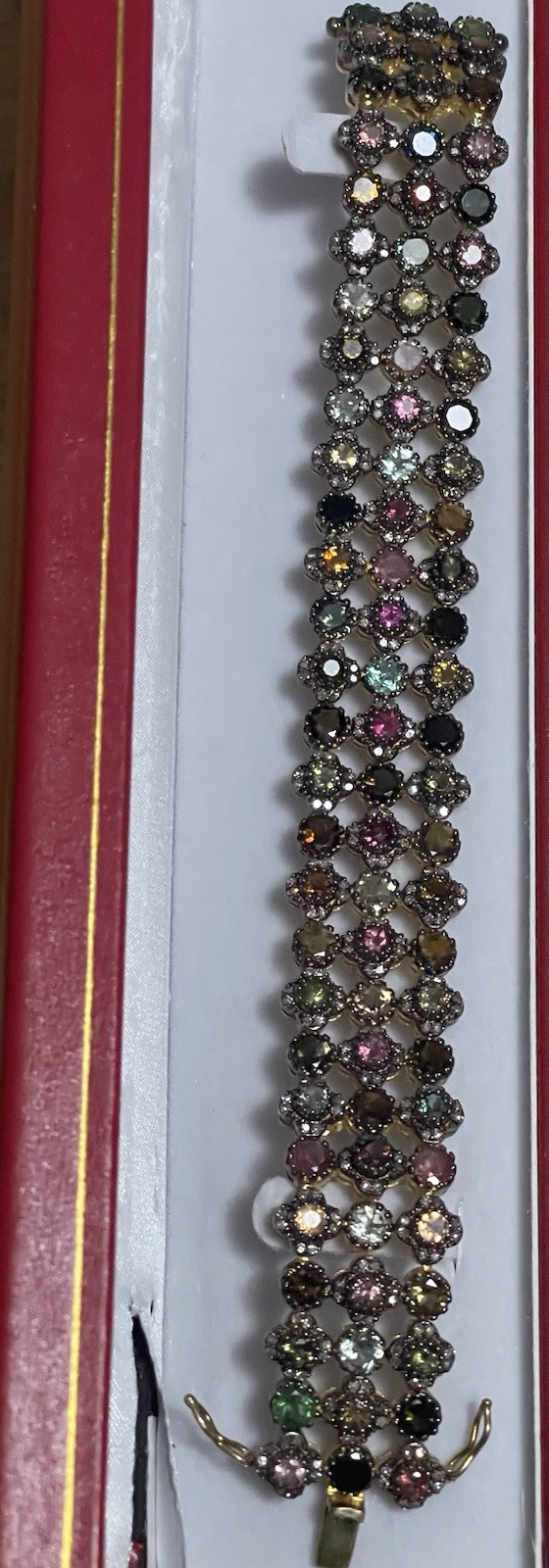 14K Yellow Gold Plate over Sterling Silver Bracelet Natural Tourmaline & Diamond