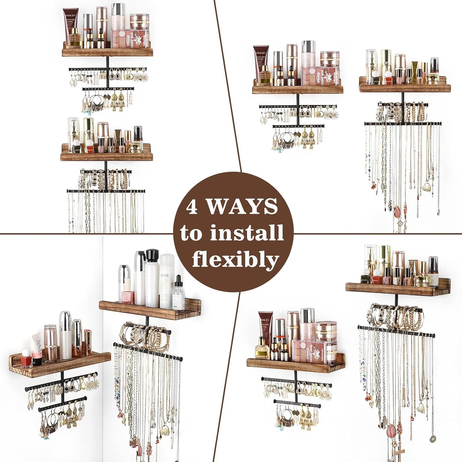 Hanging Wall Mounted Jewelry Organizer with Rustic Wood Jewelry Holder Display f