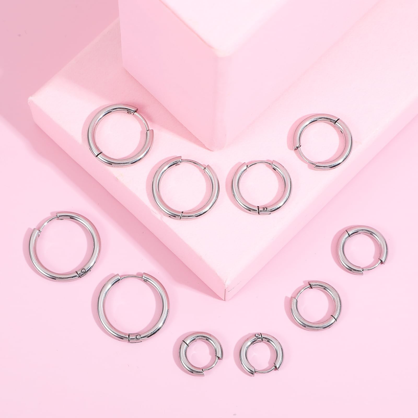 5 Pairs Solid Titanium Hoop Earrings 8mm, 10mm, 12mm, 14mm, 16mm, silver