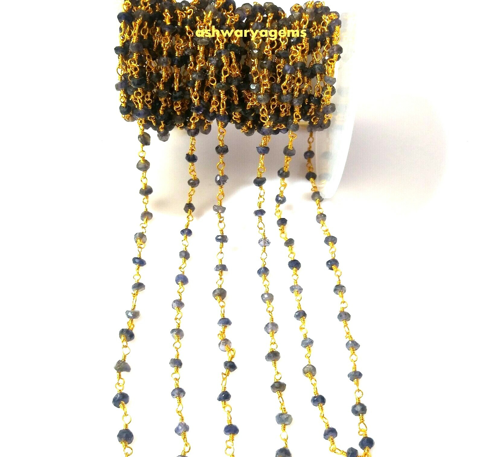 Beaded Chain Iolite Roundelle Faceted 3-4mm Rosary 3 Feet 24k Gold Plated Beads