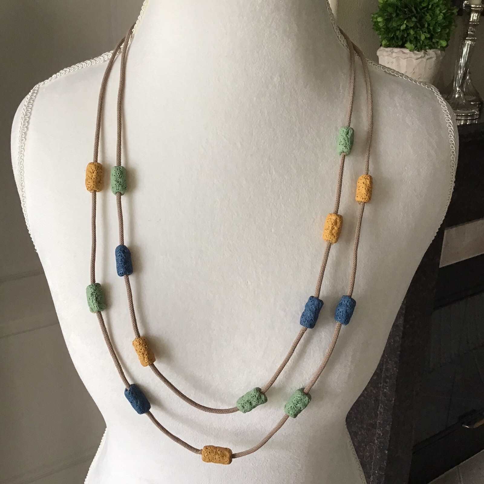 Lava Bead Tube Bead Necklace Earrings SET 2-Strand Boho Blue Green Gold NEW