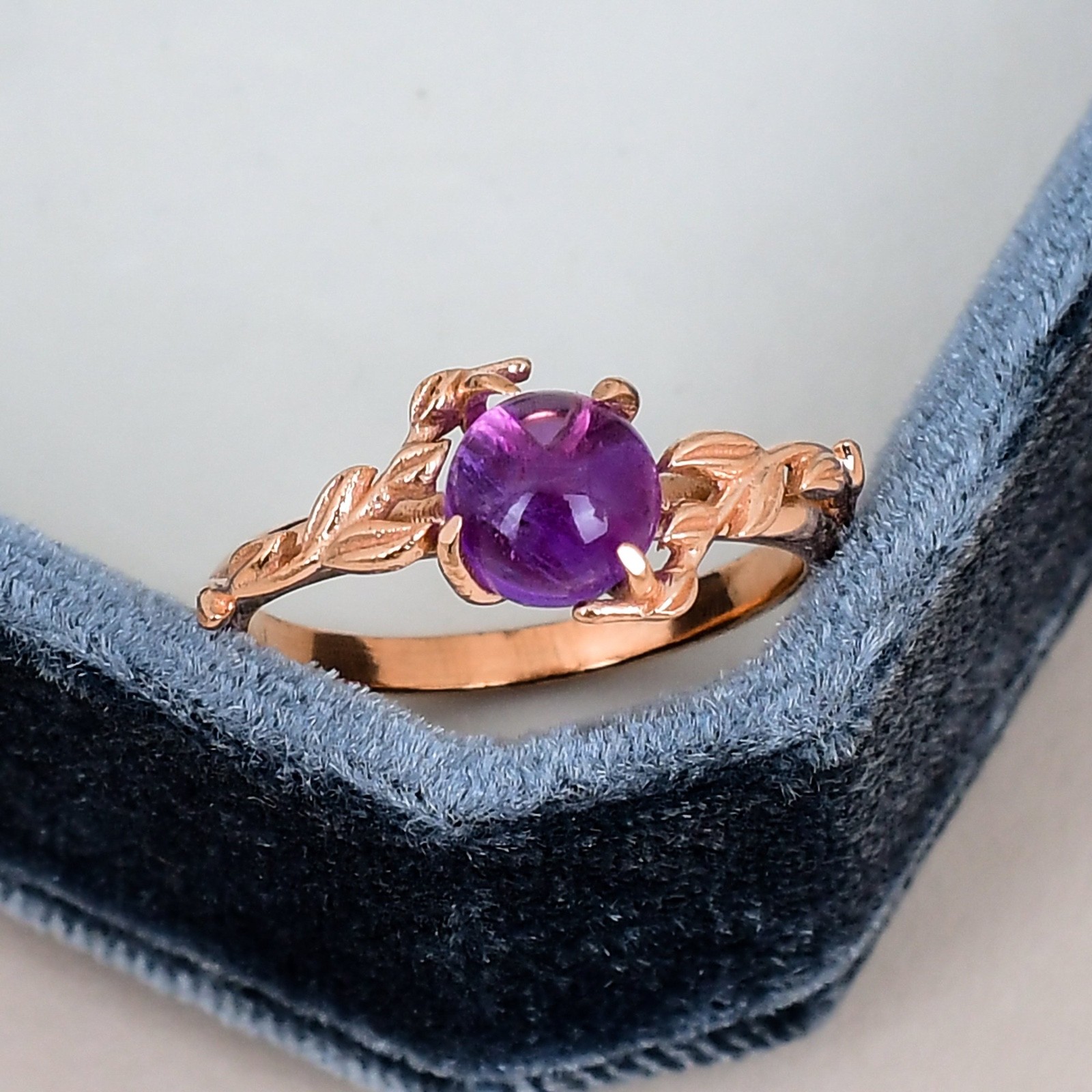 Amethyst Round Ring 18K Gold Plated 7mm Purple Gemstone Leaf Vine Gift Ring
