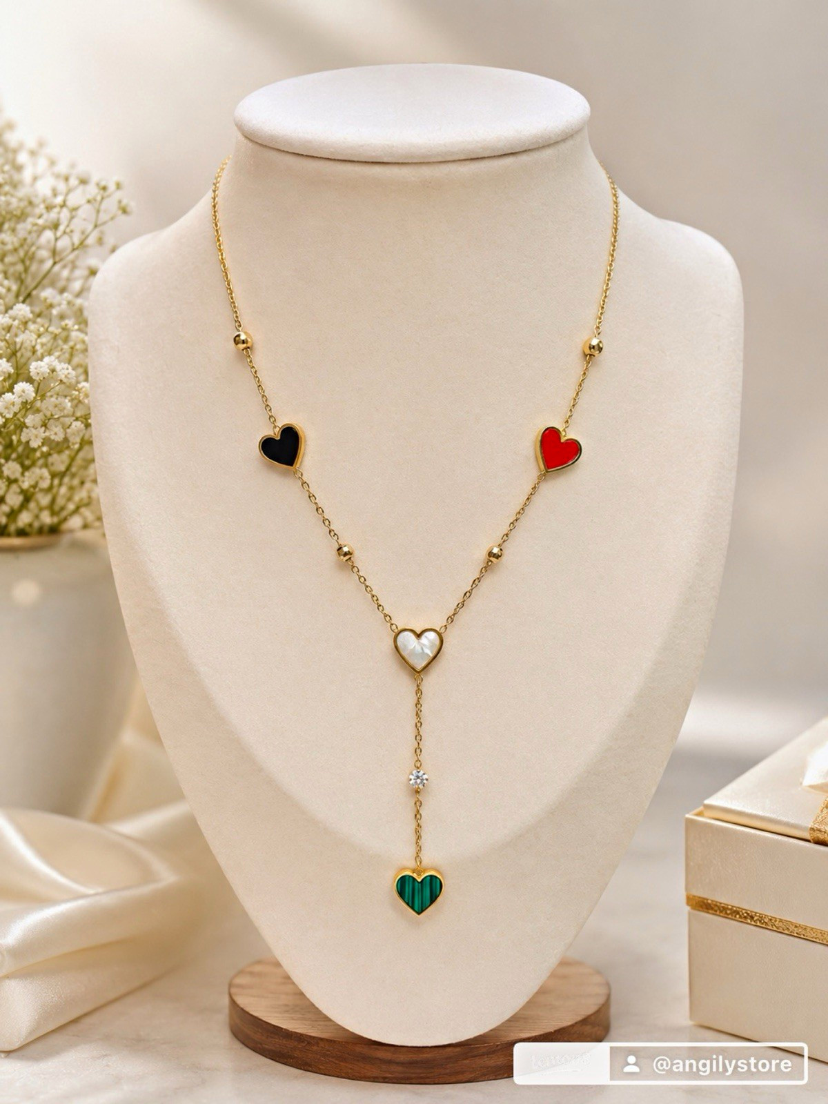 Gold Tone Multicolor Enamel Heart Station Y-Drop Pendant Necklace, Cable Chain
