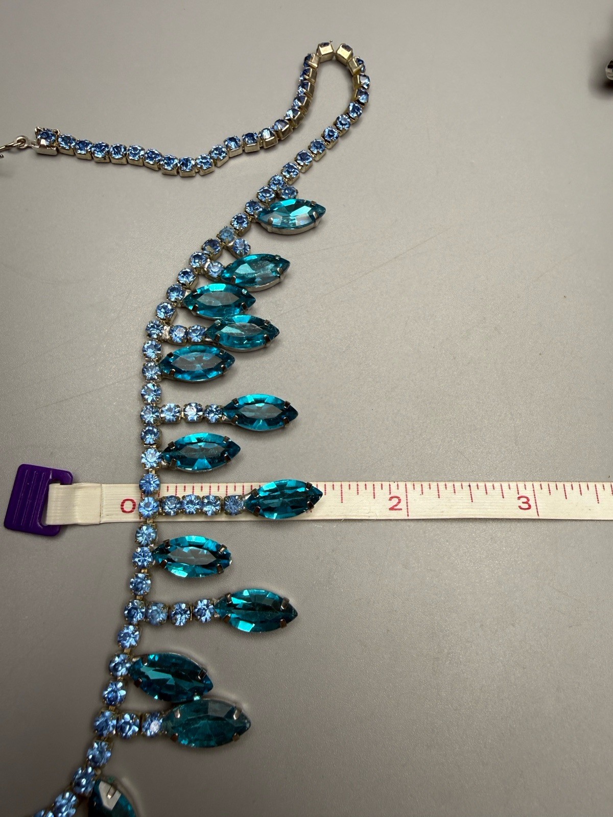 Necklace & Clip On Earrings Set Aqua Blue Rhinestone Fringe Style VTG 17” 50-60s