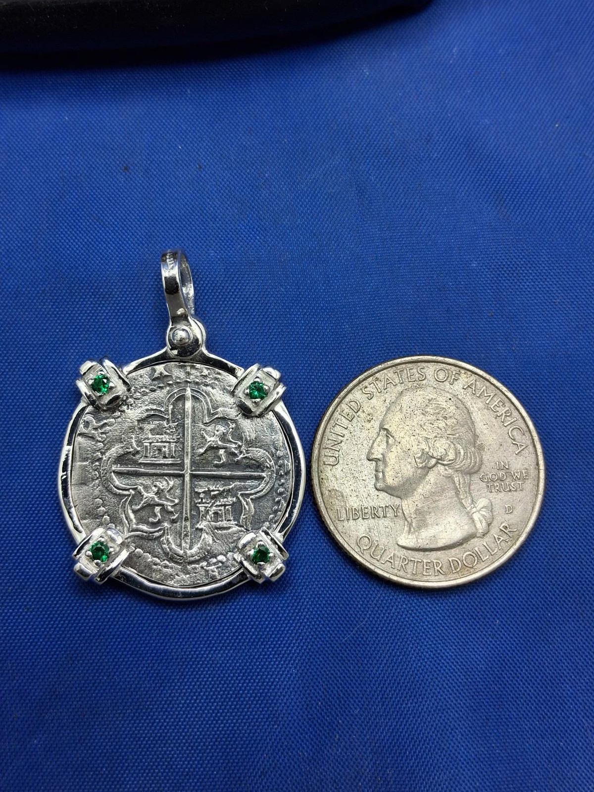 Sterling 2 Reale Replica Atocha Shipwreck Pirate Coin Pendant with Emeralds