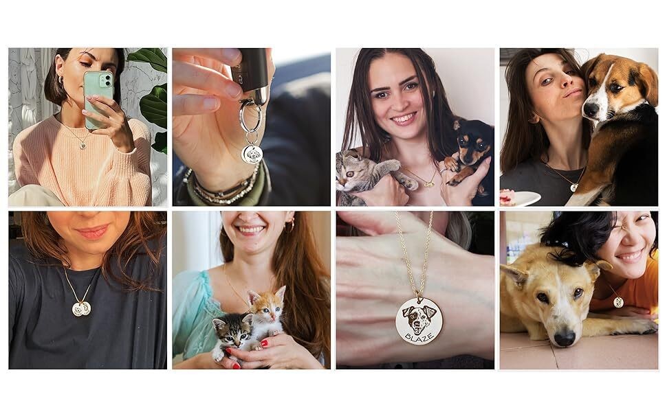 Personalized Pet Portrait Necklace ,Dog Cat Round Disc Photo Engraved Necklace